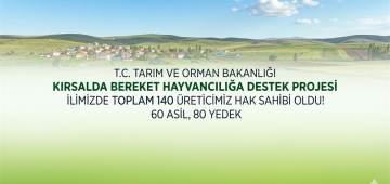 Kırsalda Bereket Hayvancılığa Destek Projesi kapsamında, ilimizde 60 asil, 80 yedek olmak üzere 140 üreticimiz hak sahibi olmuştur.